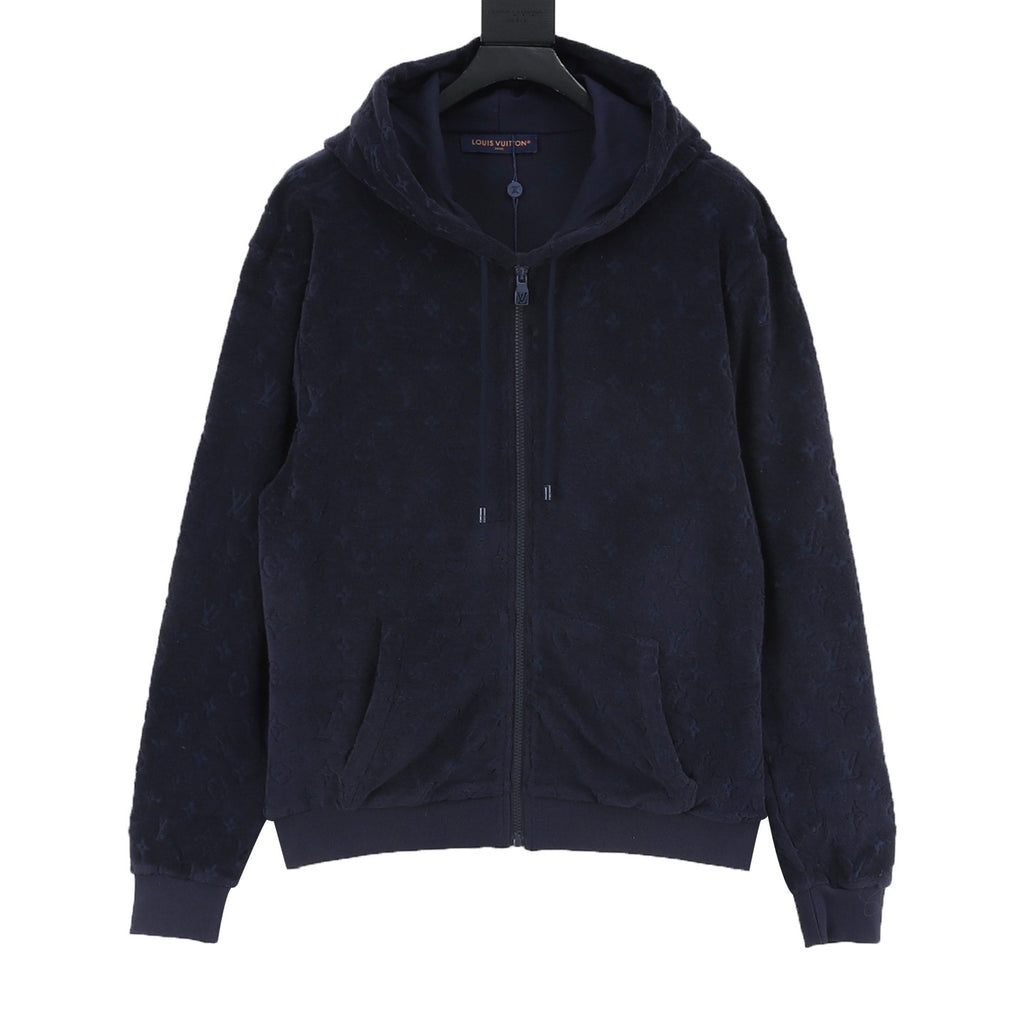 Louis Vuitton Monogram Flocked Terry Zip-Up Hoodie — Navy