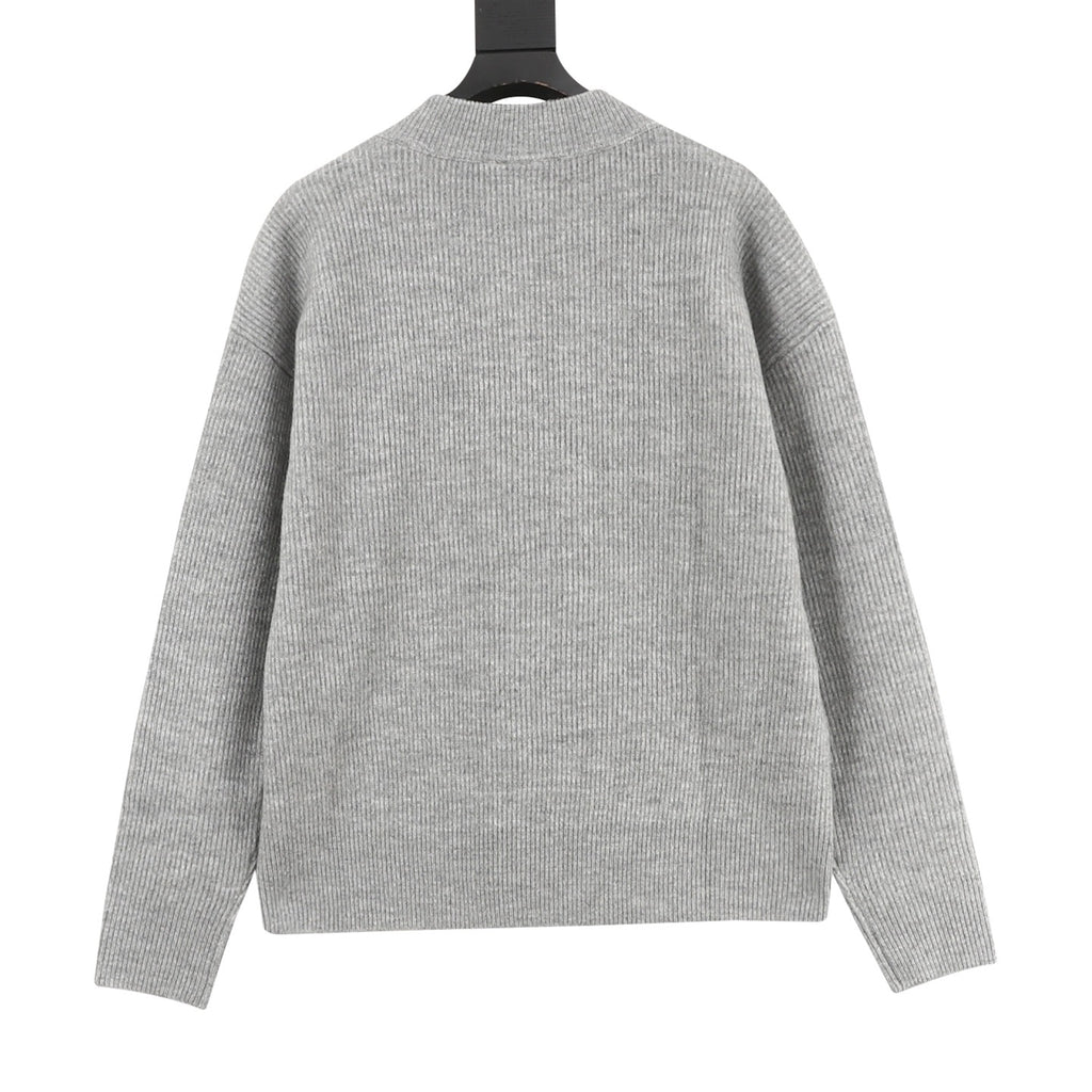Dior Embroidered Logo Ribbed Wool V-Neck Sweater | Light Grey Relaxed Luxury Knitwear