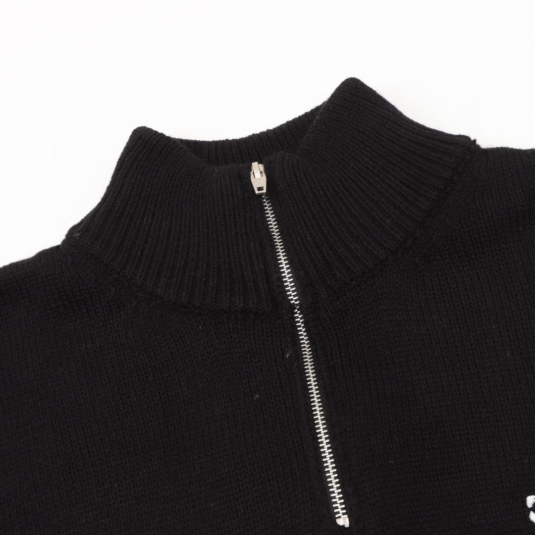 Chanel CC Logo Tonal Embroidered Half-Zip Mock Neck Knit Sweater