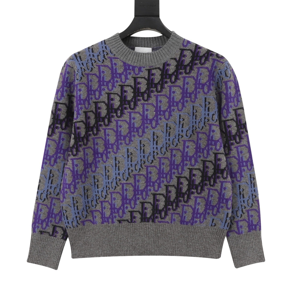 Dior Women's Men's Grey Purple Oblique Jacquard Crewneck Sweater