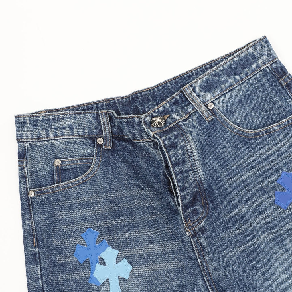 Chrome Hearts Cross Leather Patch Jeans — Mid Blue Wash, Straight Leg