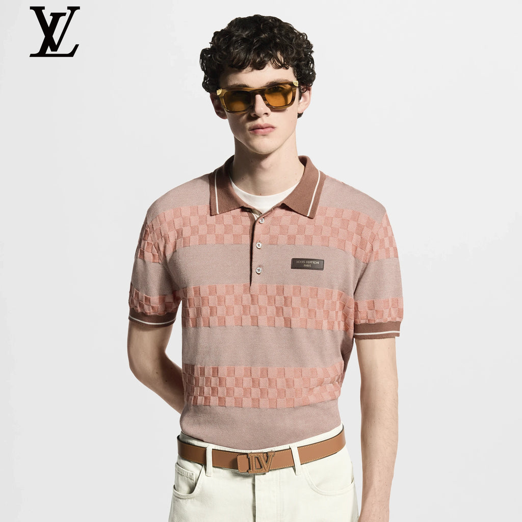 Louis Vuitton Pink Striped Damier Knit Short Sleeve Polo Shirt