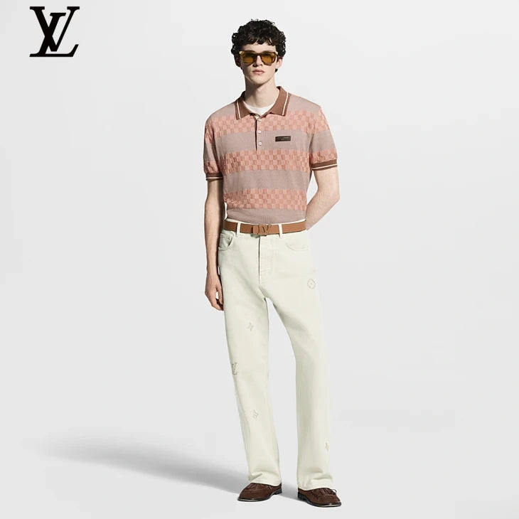 Louis Vuitton Pink Striped Damier Knit Short Sleeve Polo Shirt
