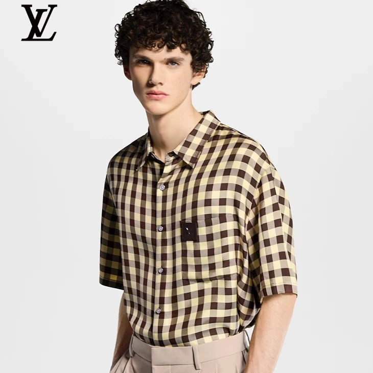 Louis Vuitton Brown Beige Gingham Check Short Sleeve Shirt