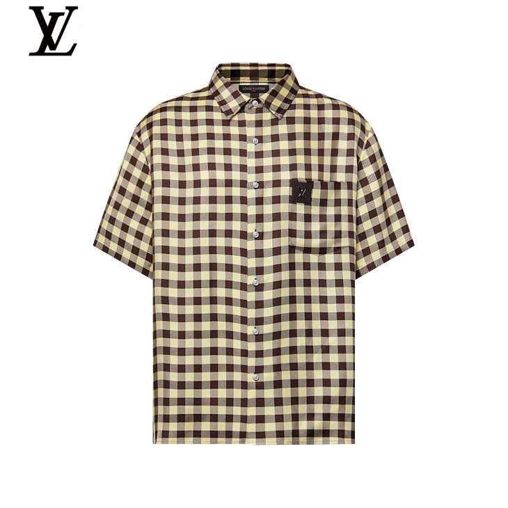Louis Vuitton Brown Beige Gingham Check Short Sleeve Shirt