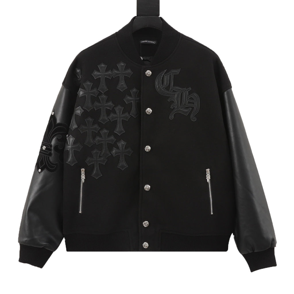 CH Leather-Sleeve Varsity Jacket with Cross Patch Logo