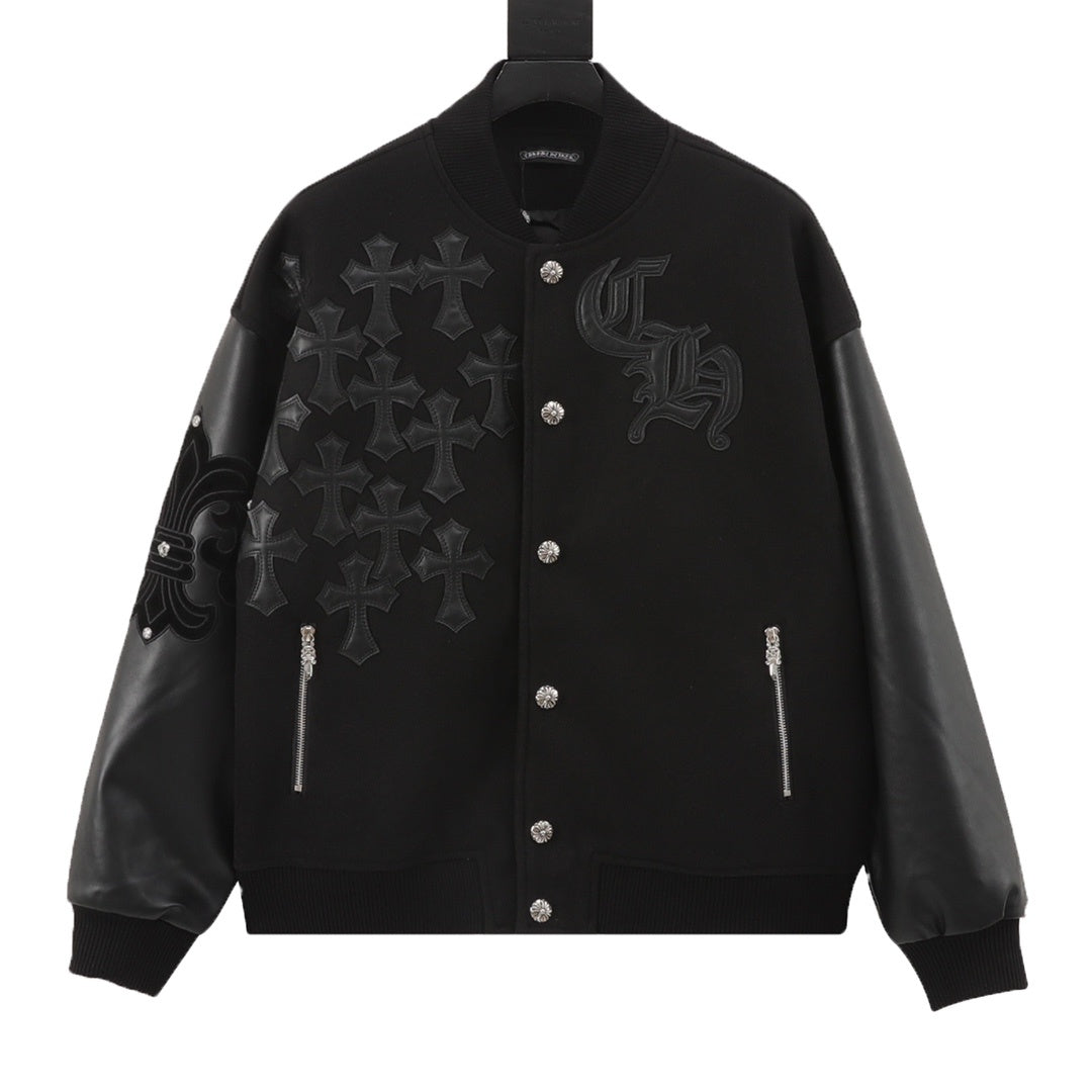 CH Leather-Sleeve Varsity Jacket with Cross Patch Logo