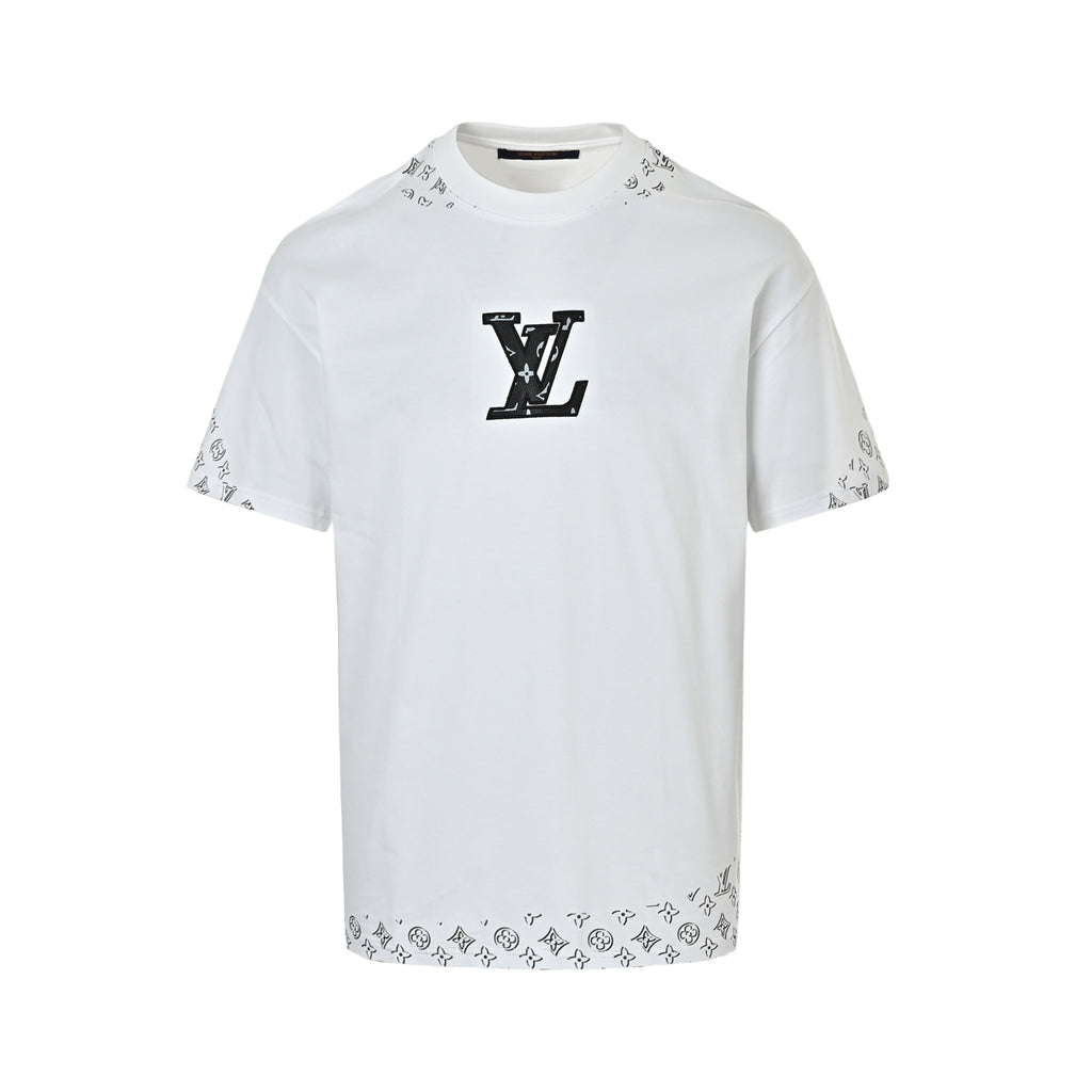 Louis Vuitton Border Monogram LV Logo Short-Sleeve T-Shirt in White