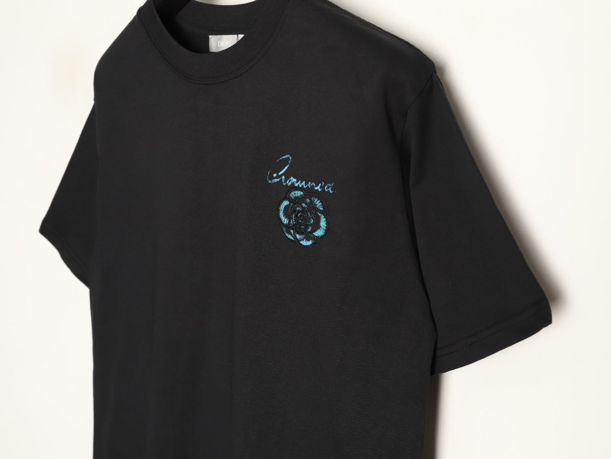 Prada Men's Black Blue Rose Embroidered T-Shirt