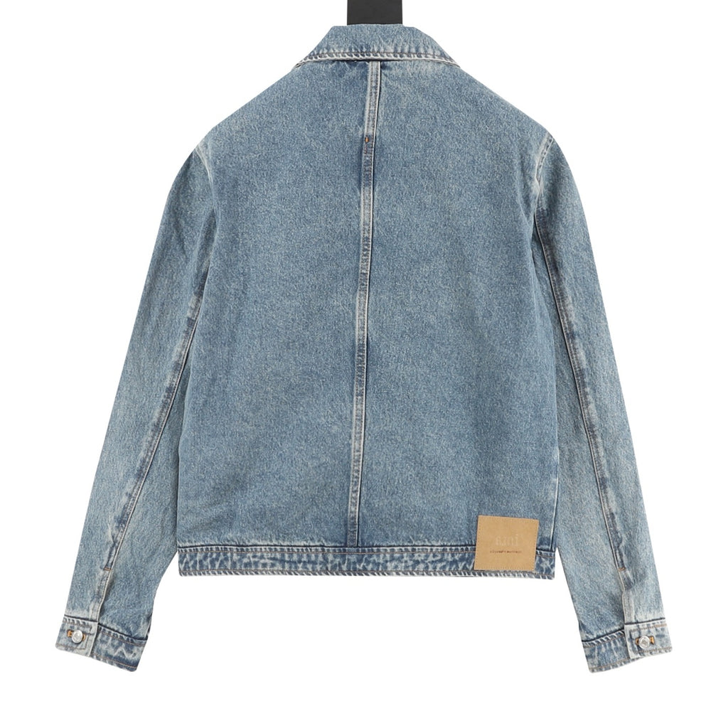 AMI Paris Ami de Cœur Heart Logo Washed Denim Zip Jacket | Light Blue Workwear Casual Outerwear