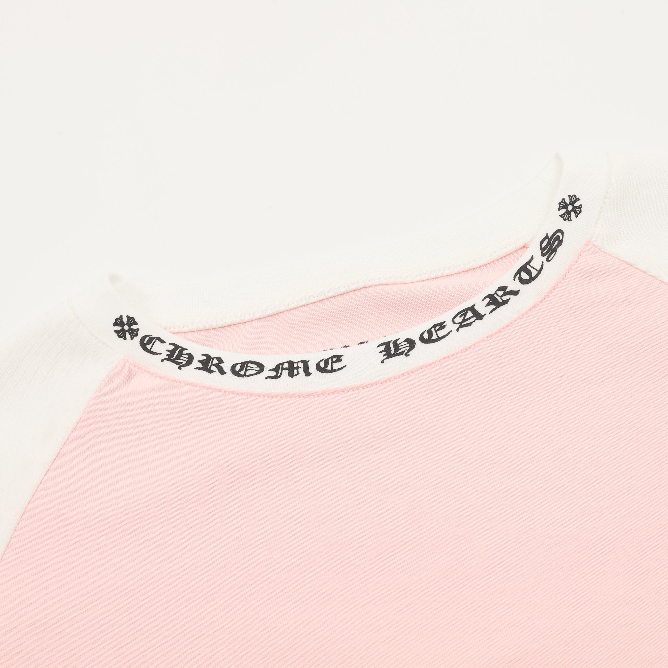 Chrome Hearts Horseshoe Raglan Long-Sleeve Tee — Pink & White, Gothic Sleeve Print