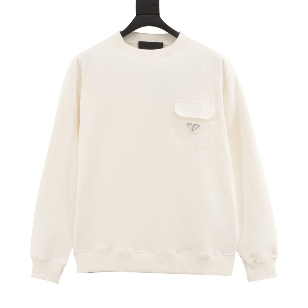 Prada Women's & Men's Off-White Nylon Pocket Triangle Logo Crewneck Sweatshirt
