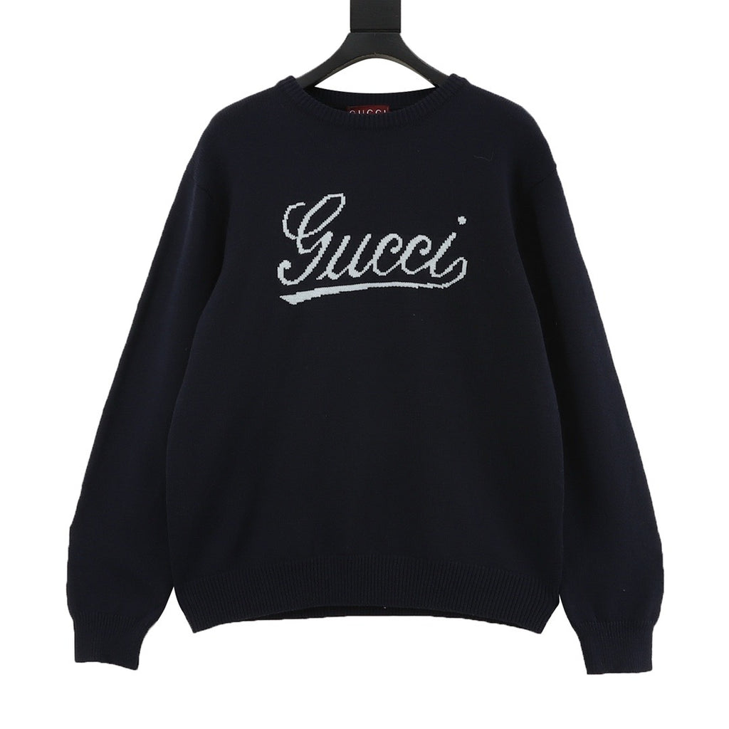 Gucci Women's Men's Navy Script Logo Crewneck Knit Sweater