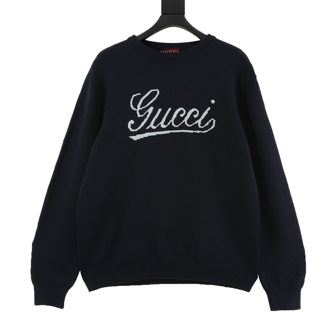 Gucci Women's Men's Navy Script Logo Crewneck Knit Sweater
