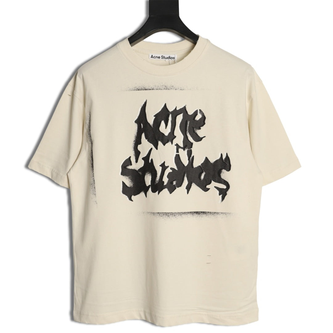 Acne Studios Gothic Logo Spray Print Short-Sleeve T-Shirt in Cream