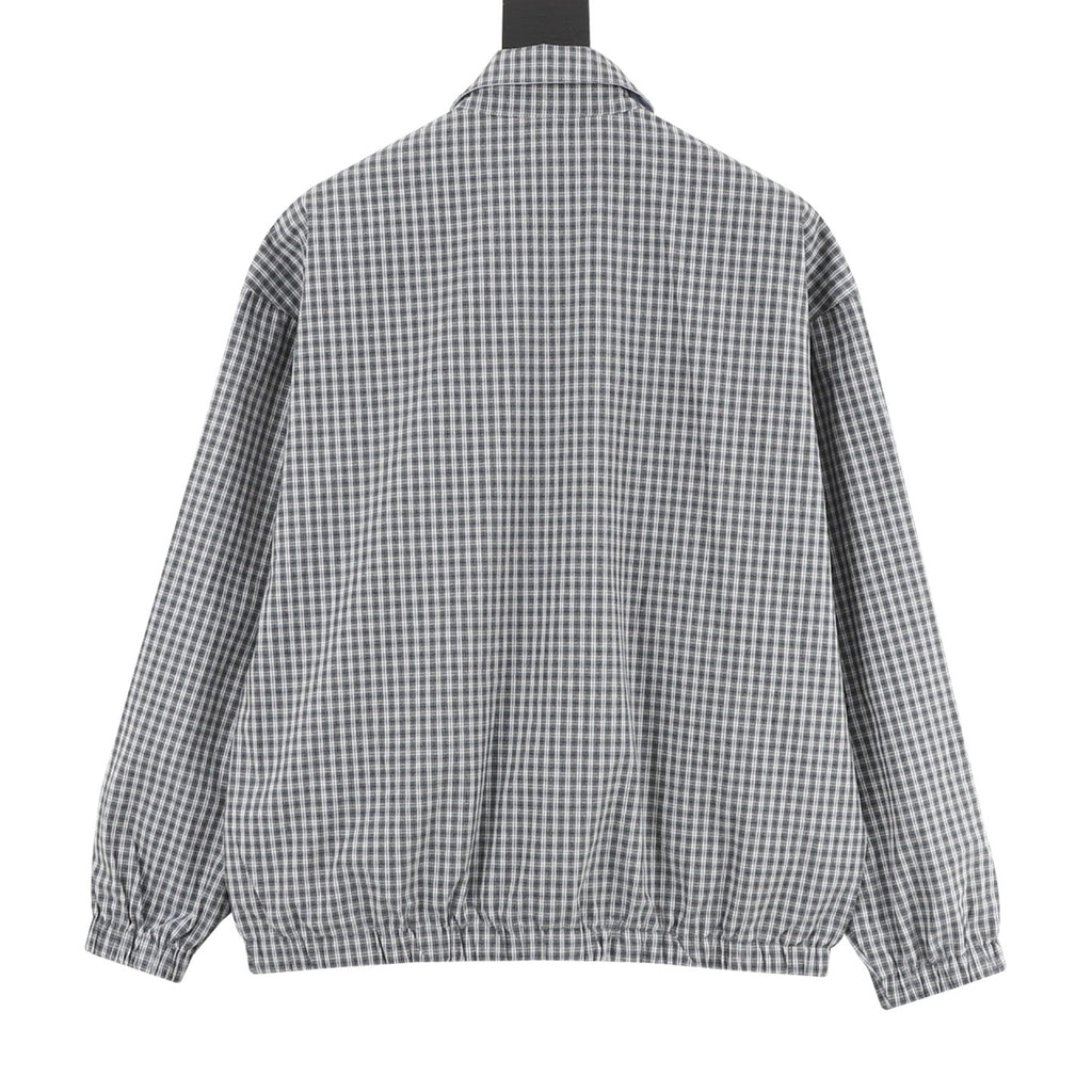 Prada Triangle Logo Check Zip-Up Lapel Jacket | Grey Plaid Lightweight Luxury Outerwear