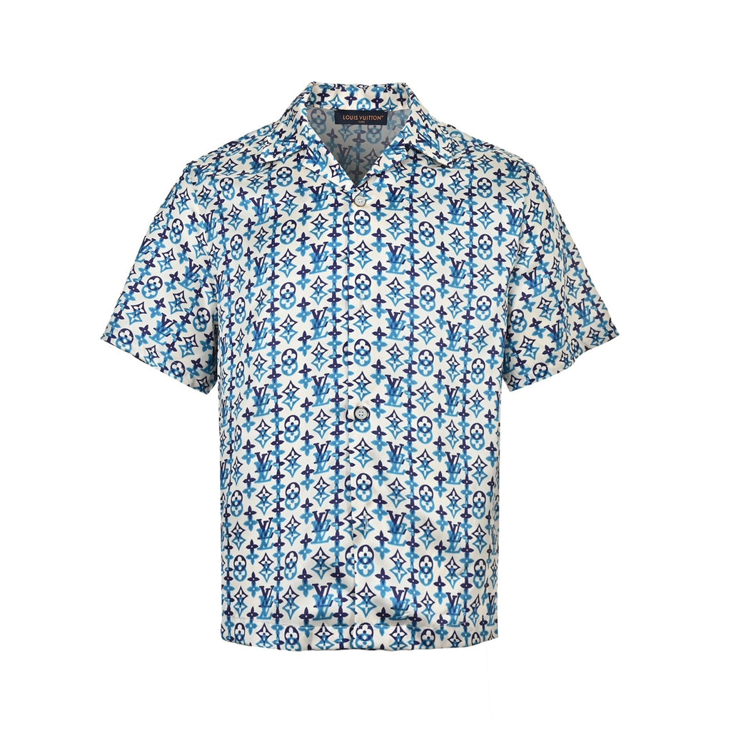 Louis Vuitton Blue Gradient Monogram Print Short-Sleeve Shirt in White