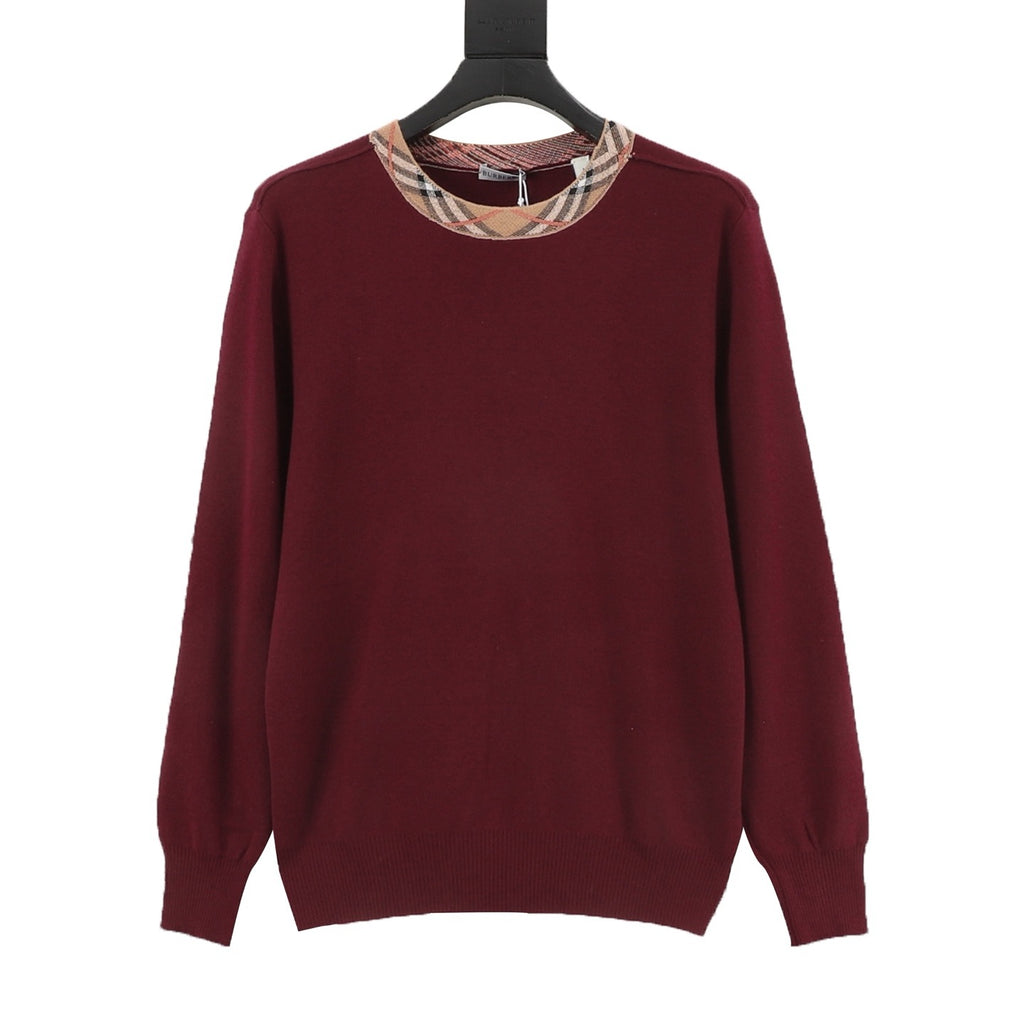 Burberry Check-Collar Knitted Wool Sweater
