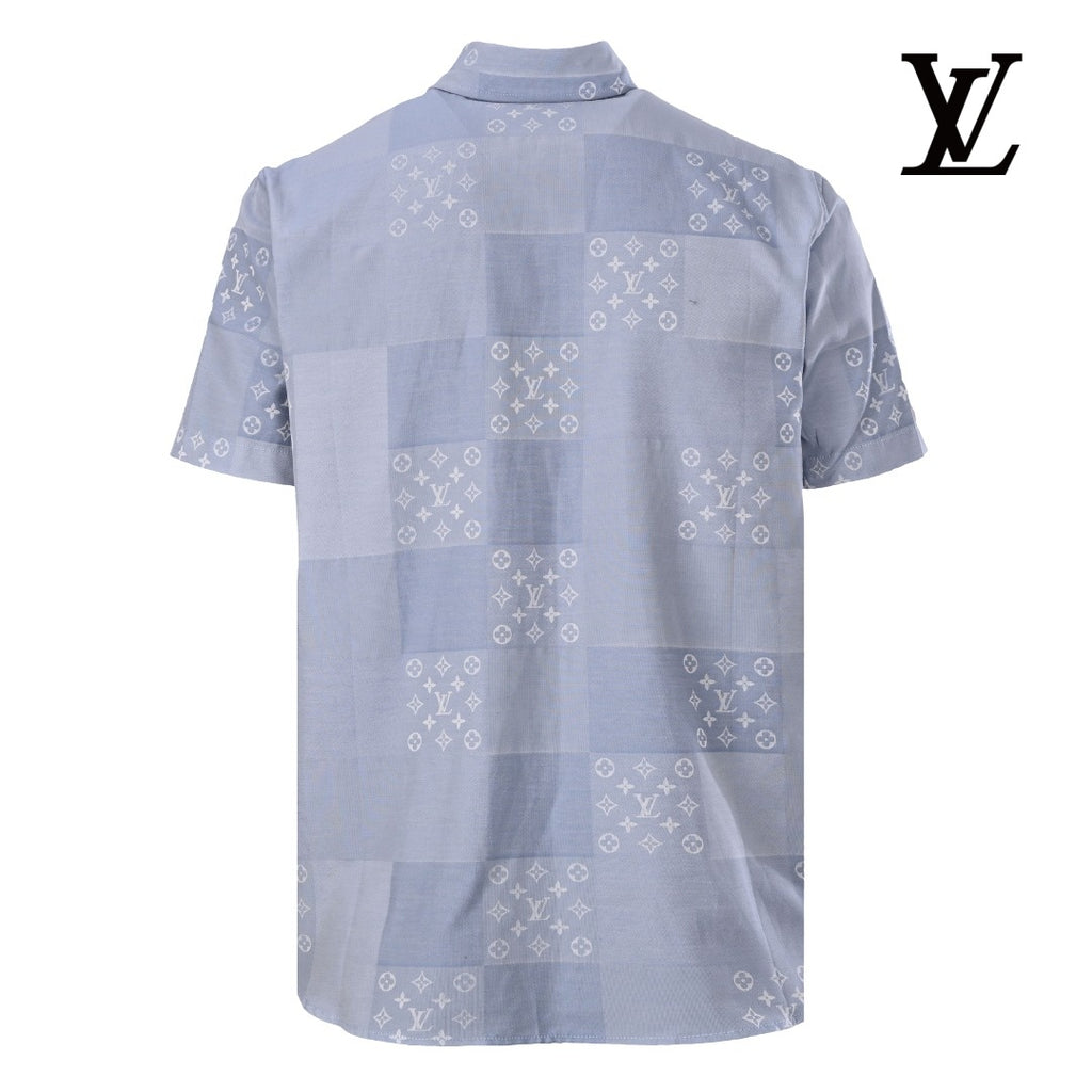 Louis Vuitton Men's Light Blue Monogram Patchwork Short Sleeve Shirt