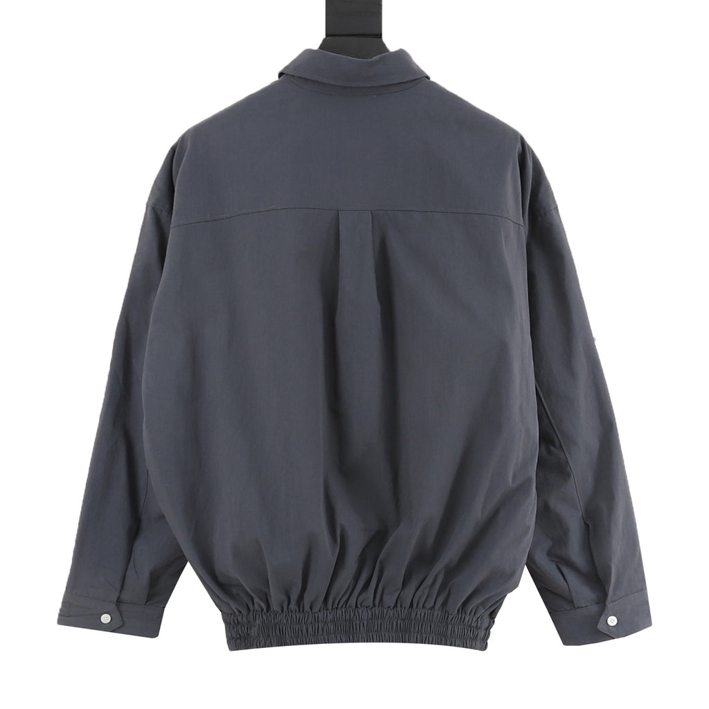 Miu Miu MM Embroidered Logo Shirt Collar Jacket | Slate Blue Elastic Hem Casual Outerwear