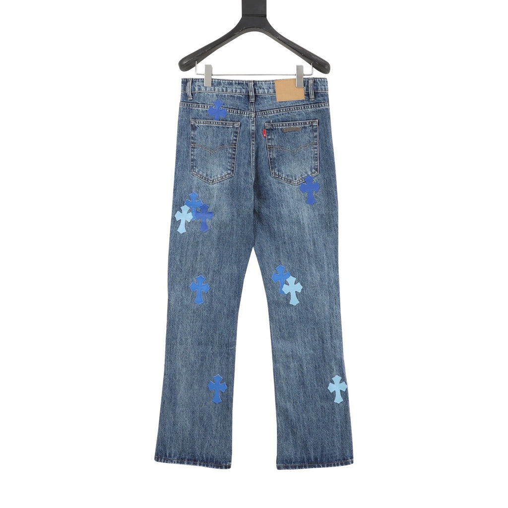 Chrome Hearts Cross Leather Patch Jeans — Mid Blue Wash, Straight Leg