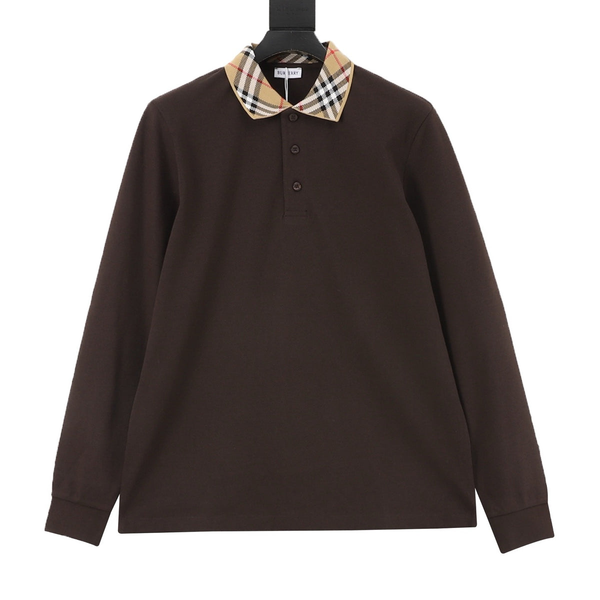 Burberry Women's & Men's Dark Brown Vintage Check Collar Long-Sleeve Polo Shirt