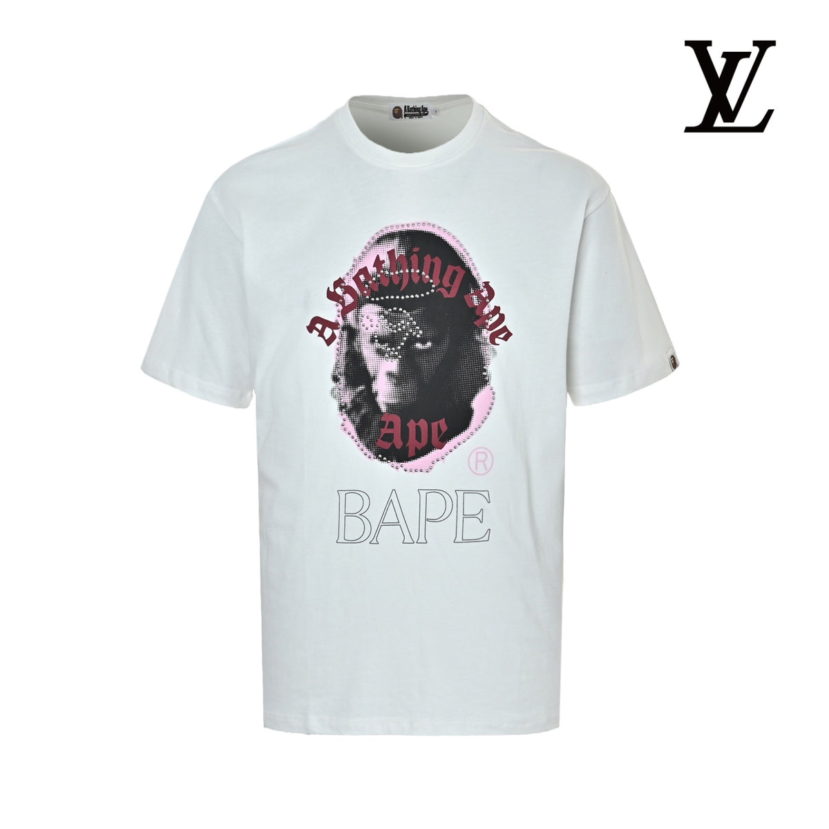 BAPE Men's White Rhinestone Portrait Print T-Shirt