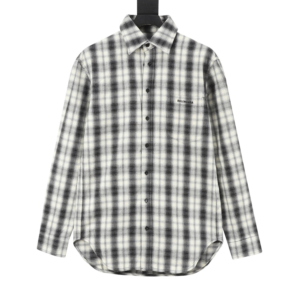 Balenciaga Women's Men's Black and White Plaid Flannel Logo Pocket Shirt