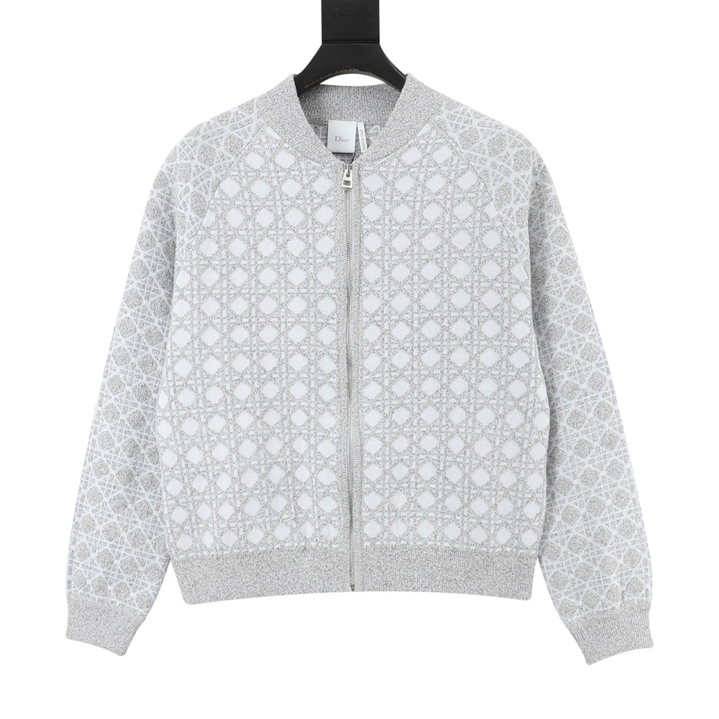 Dior Women's Men's Silver White Oblique Knit Zip-Up Bomber Jacket