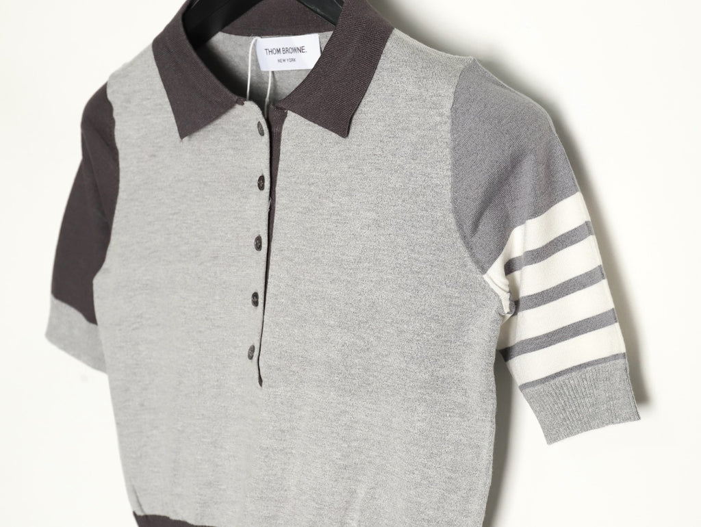 Thom Browne Color-Block 4-Bar Knit Short-Sleeve Polo in Grey
