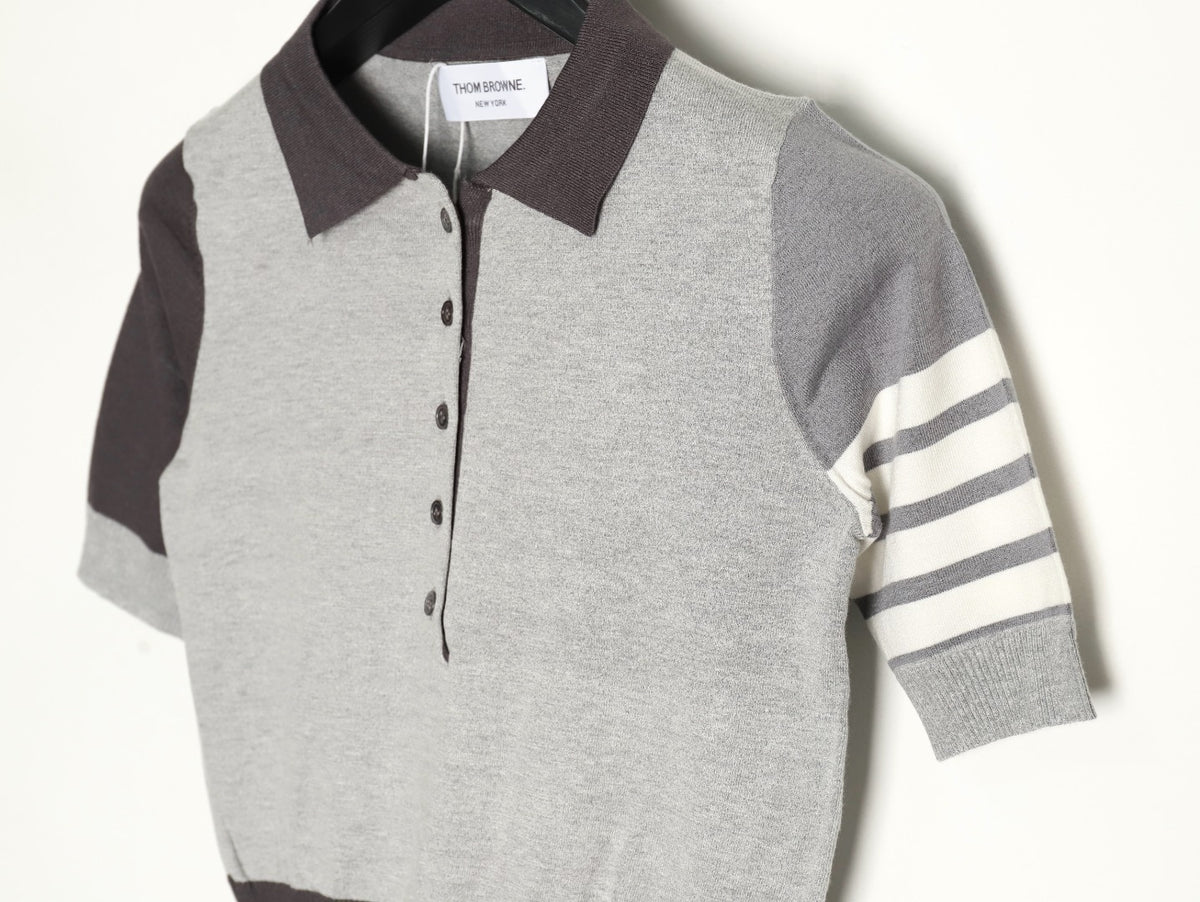 Thom Browne Color-Block 4-Bar Knit Short-Sleeve Polo in Grey