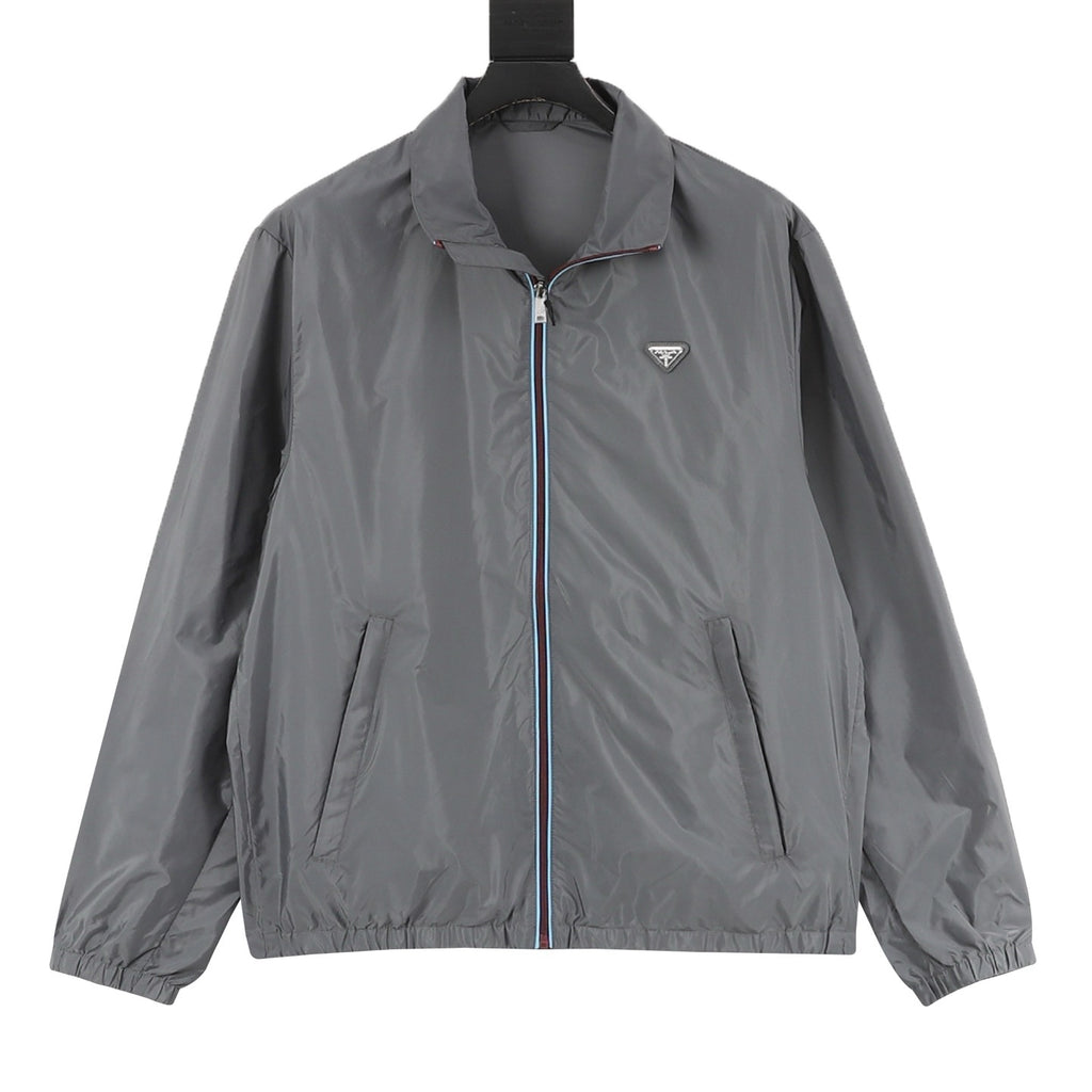 Prada Triangle Logo Iridescent Zip Nylon Stand Collar Jacket | Grey Lightweight Luxury Outerwear