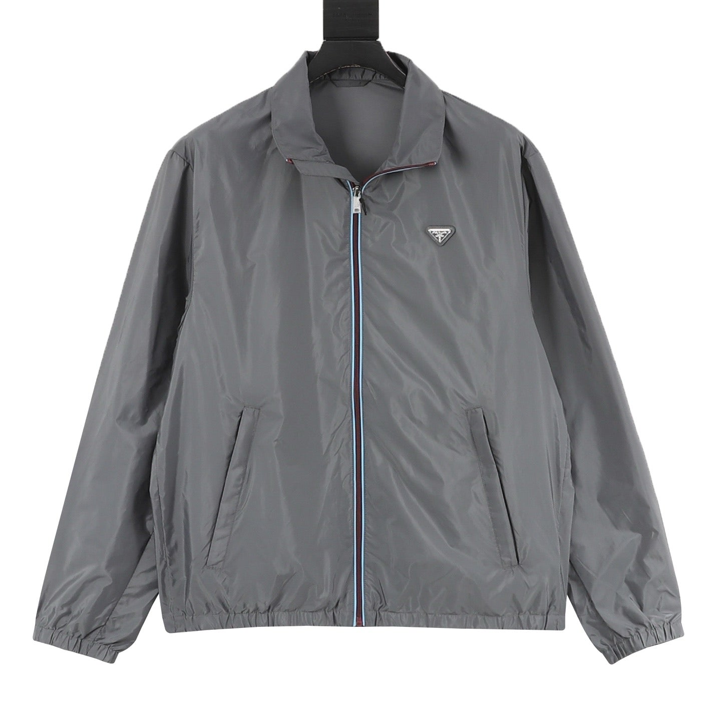 Prada Triangle Logo Iridescent Zip Nylon Stand Collar Jacket | Grey Lightweight Luxury Outerwear