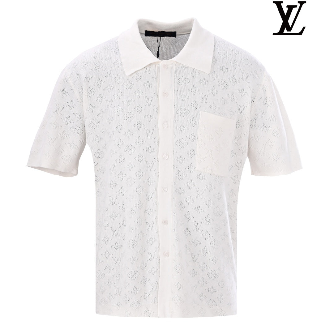 Louis Vuitton Men's White Monogram Mesh-Knit Short-Sleeve Shirt