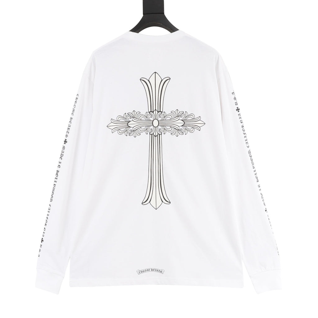 Chrome Hearts "Large Floral Cross" Print Long-Sleeve Tee (Black & White)