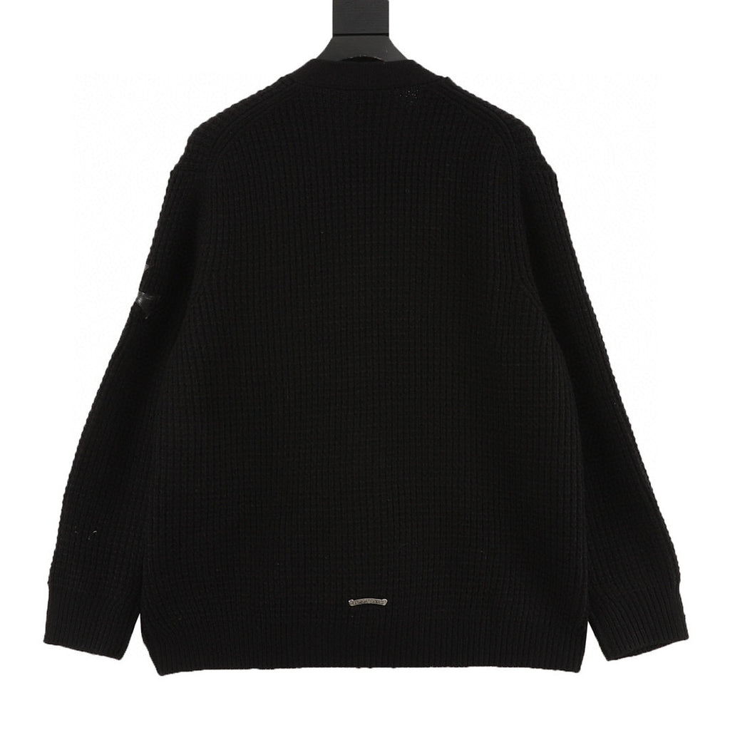 CH Cashmere Cardigan with Leather-Trimmed Sleeves and Cross-Waffle Knit