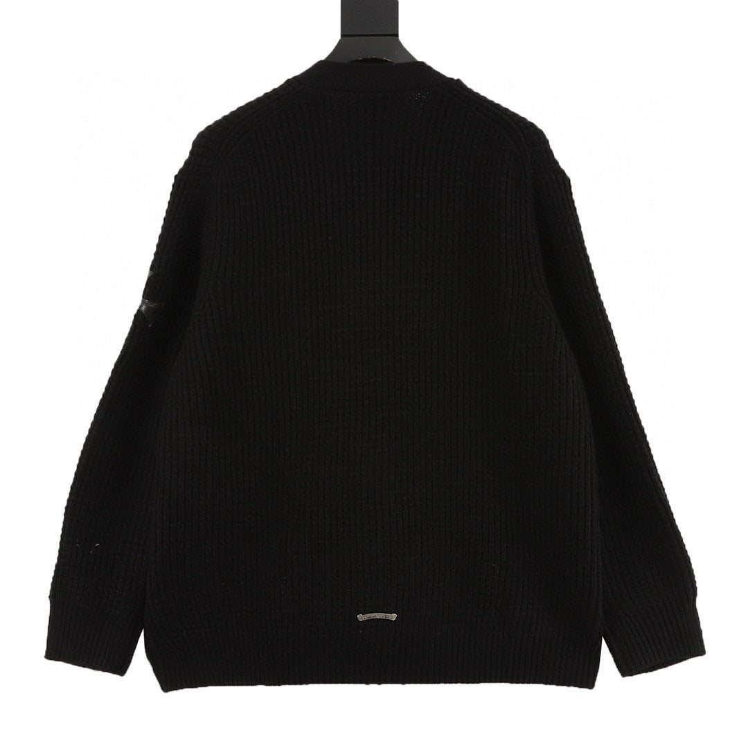 CH Cashmere Cardigan with Leather-Trimmed Sleeves and Cross-Waffle Knit