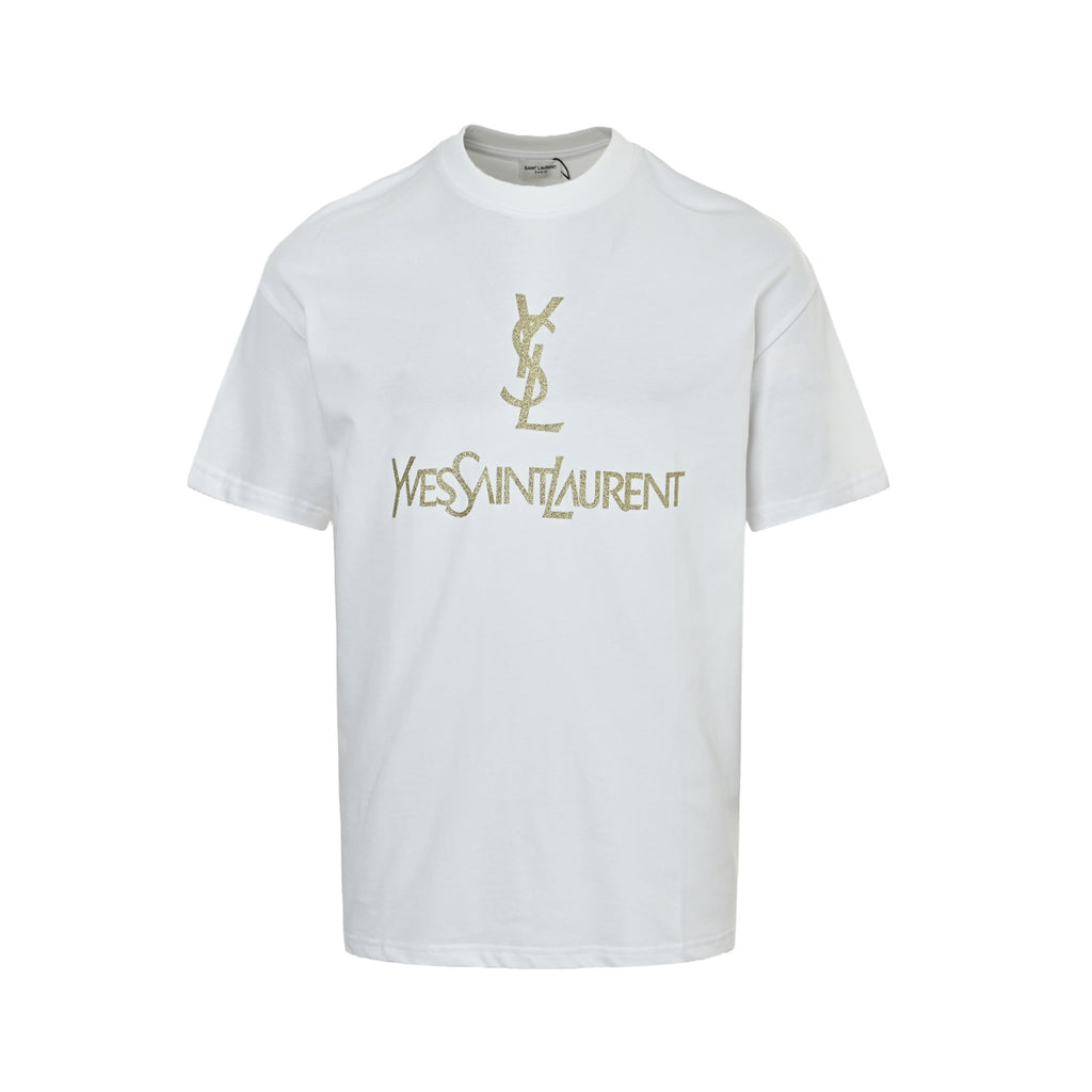 Yves Saint Laurent Gold Logo Print Short-Sleeve T-Shirt in White