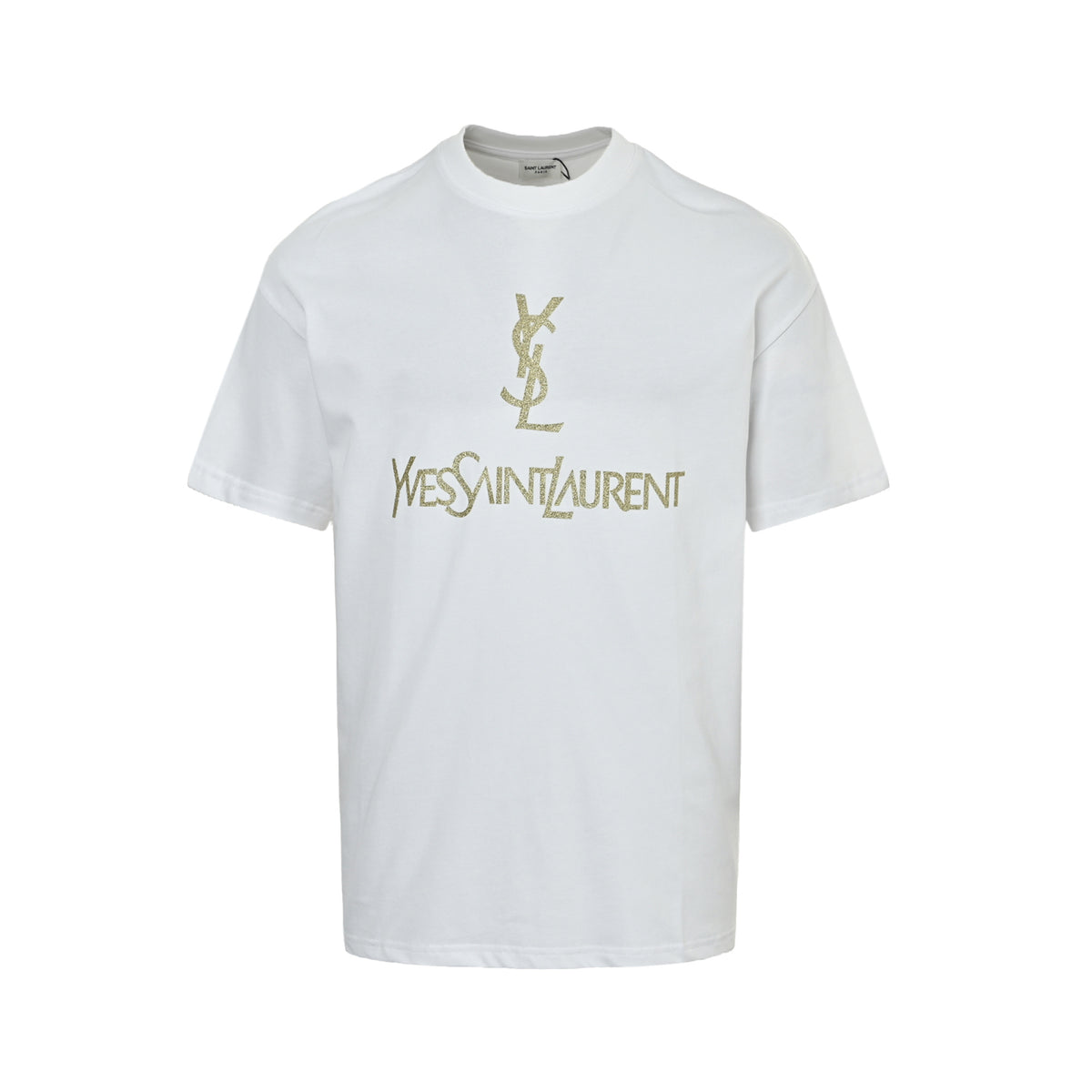 Yves Saint Laurent Gold Logo Print Short-Sleeve T-Shirt in White