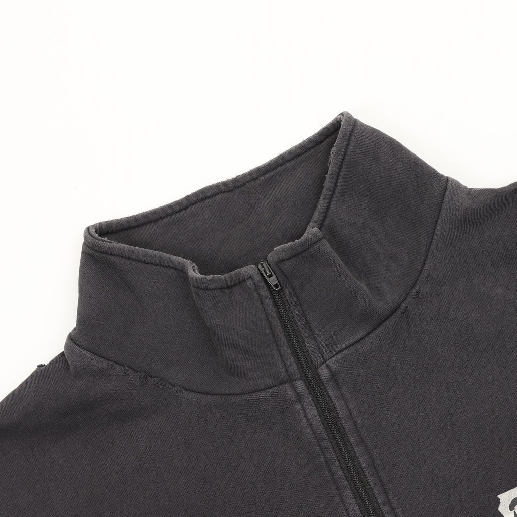 Balenciaga Tape Logo Half-Zip Turtleneck Sweatshirt | Washed Grey Back Print Distressed