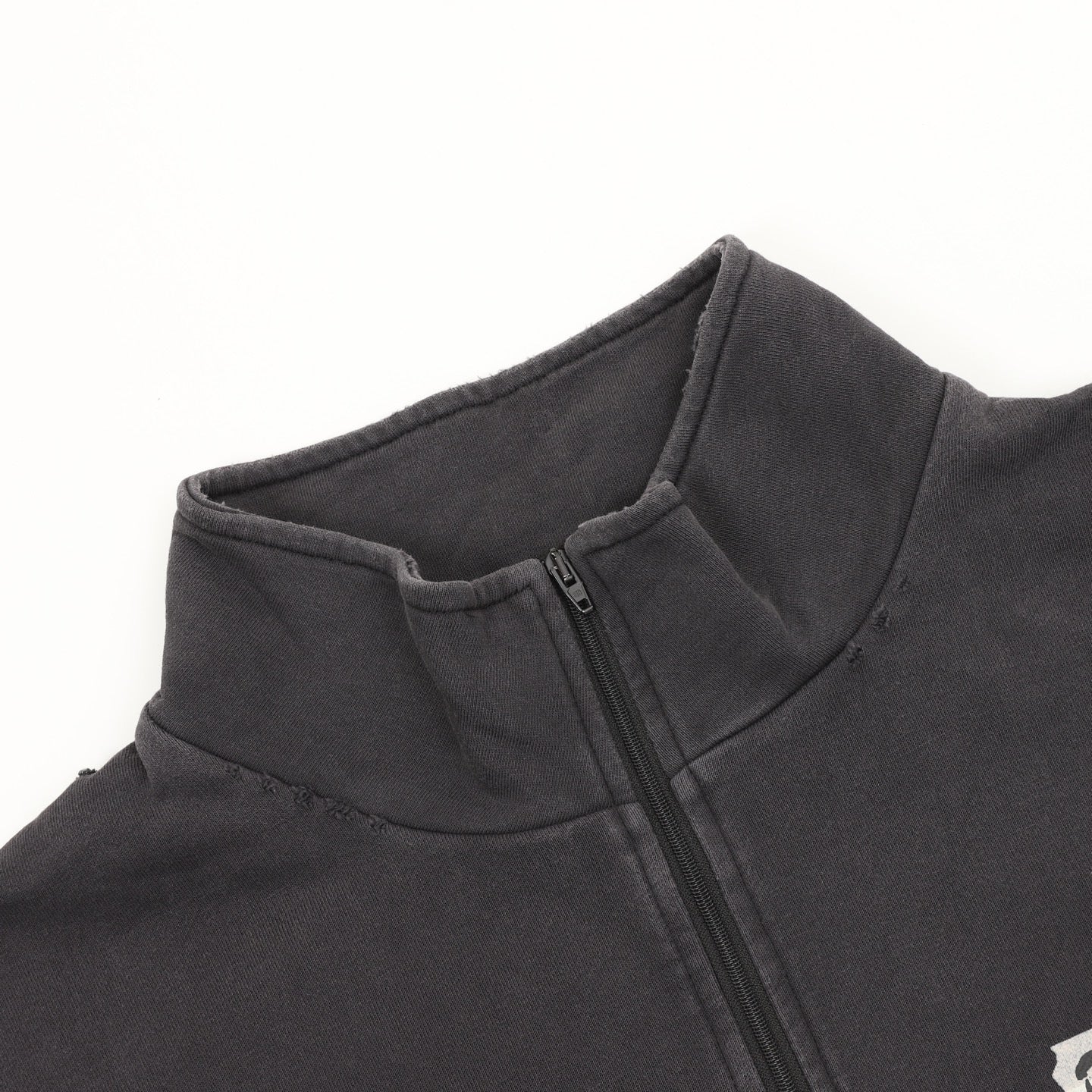 Balenciaga Tape Logo Half-Zip Turtleneck Sweatshirt | Washed Grey Back Print Distressed