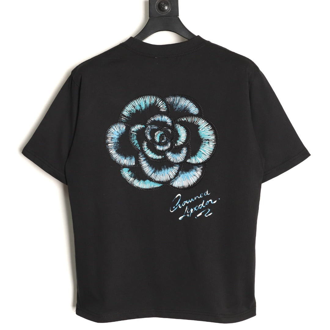 Prada Men's Black Blue Rose Embroidered T-Shirt