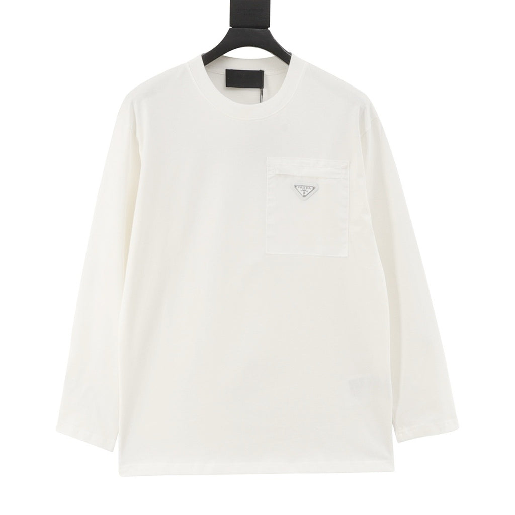 Prada Triangle Logo Zip Chest Pocket Long-Sleeve Top — Ivory