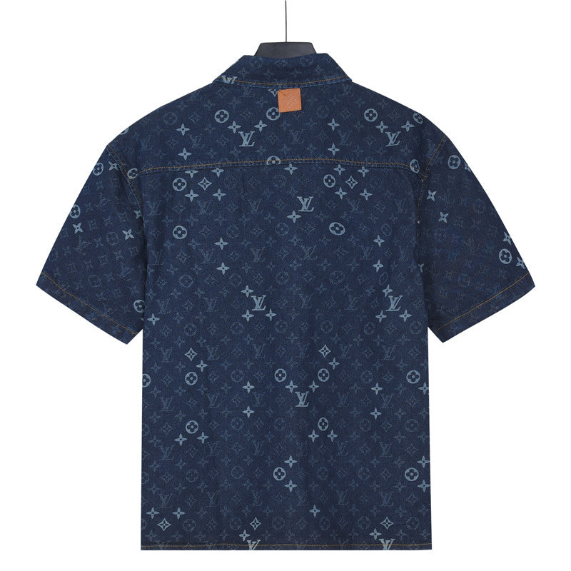 Louis Vuitton All-Over Monogram Short-Sleeve Denim Shirt in Dark Blue