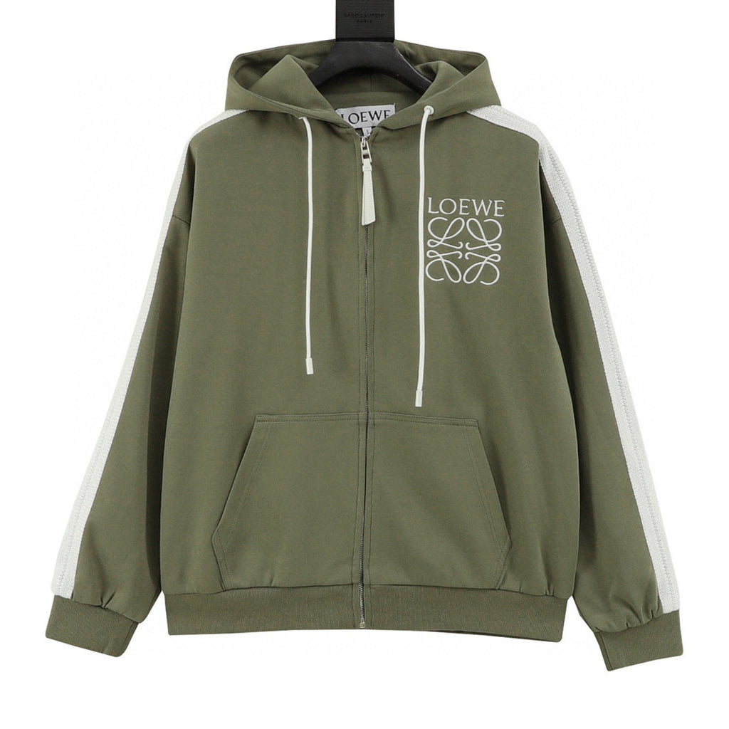 Loewe Anagram Logo Embroidered Contrast Sleeve Zip-Up Hoodie — Olive