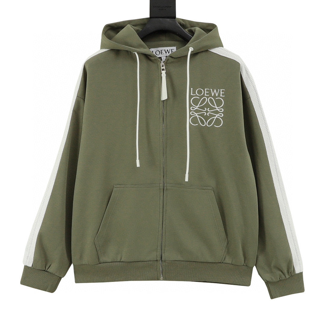 Loewe Anagram Logo Embroidered Contrast Sleeve Zip-Up Hoodie — Olive