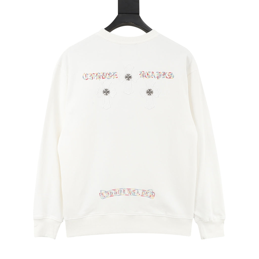 Chrome Hearts Women's Men's White Colorful Letter & Cross Crewneck Sweatshirt