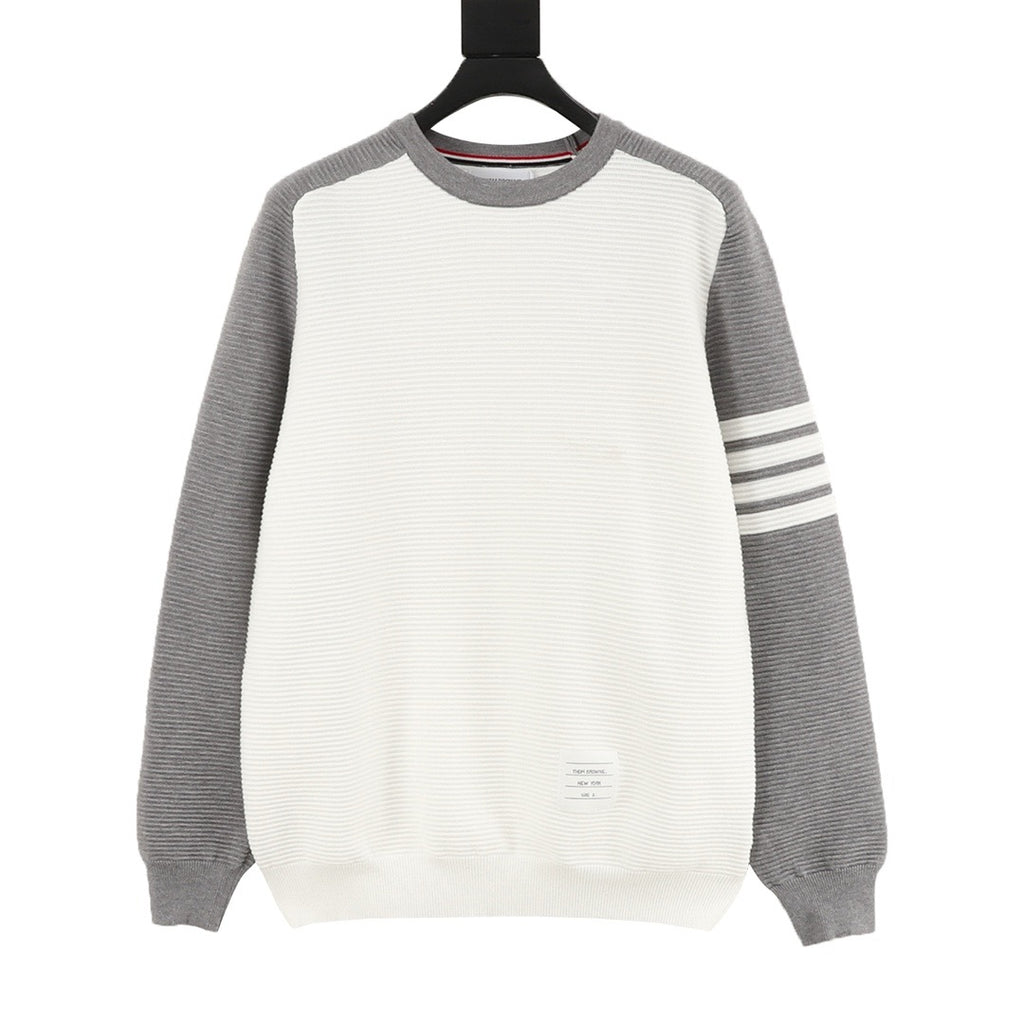 Thom Browne Women's Men's White & Grey 4-Bar Color-Block Waffle-Knit Crewneck Sweater