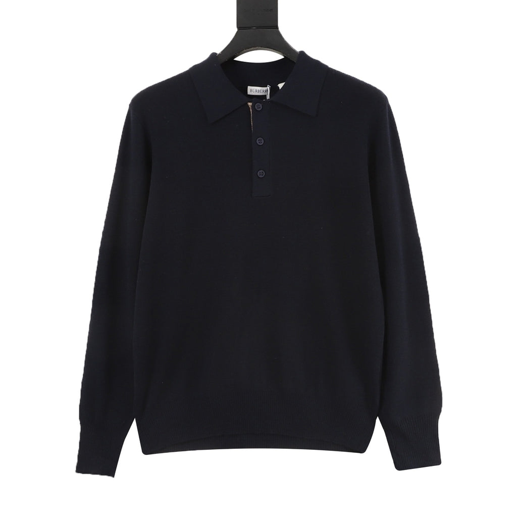 Burberry Five-Color Check Placket Wool Long Sleeve Polo Sweater | Black Relaxed Luxury Knitwear
