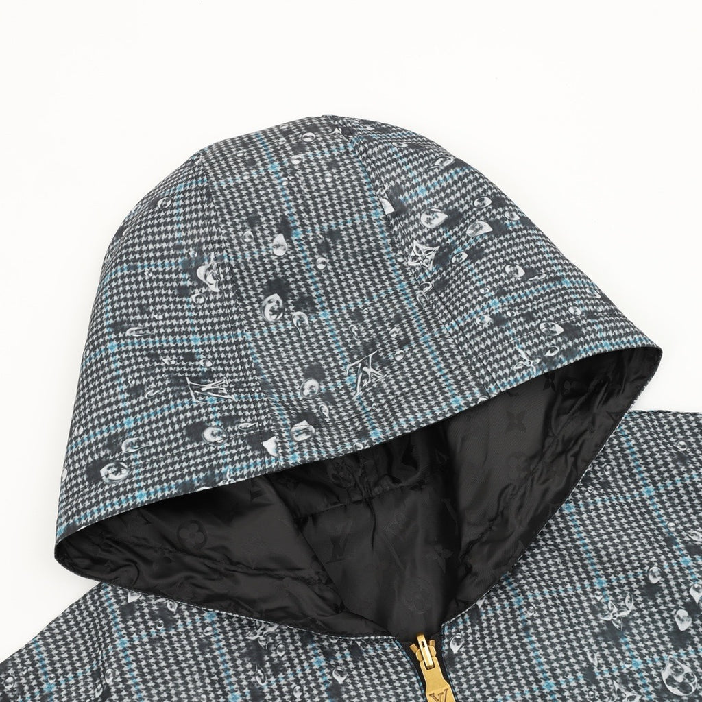 Louis Vuitton 25FW Reversible Monogram Crystal Hooded Jacket | Grey Check LV All-Over Print